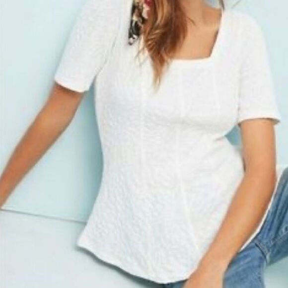 Anthropologie Ett:Twa Wesley Textured Square Neck White Tee in Size S - Picture 1 of 6